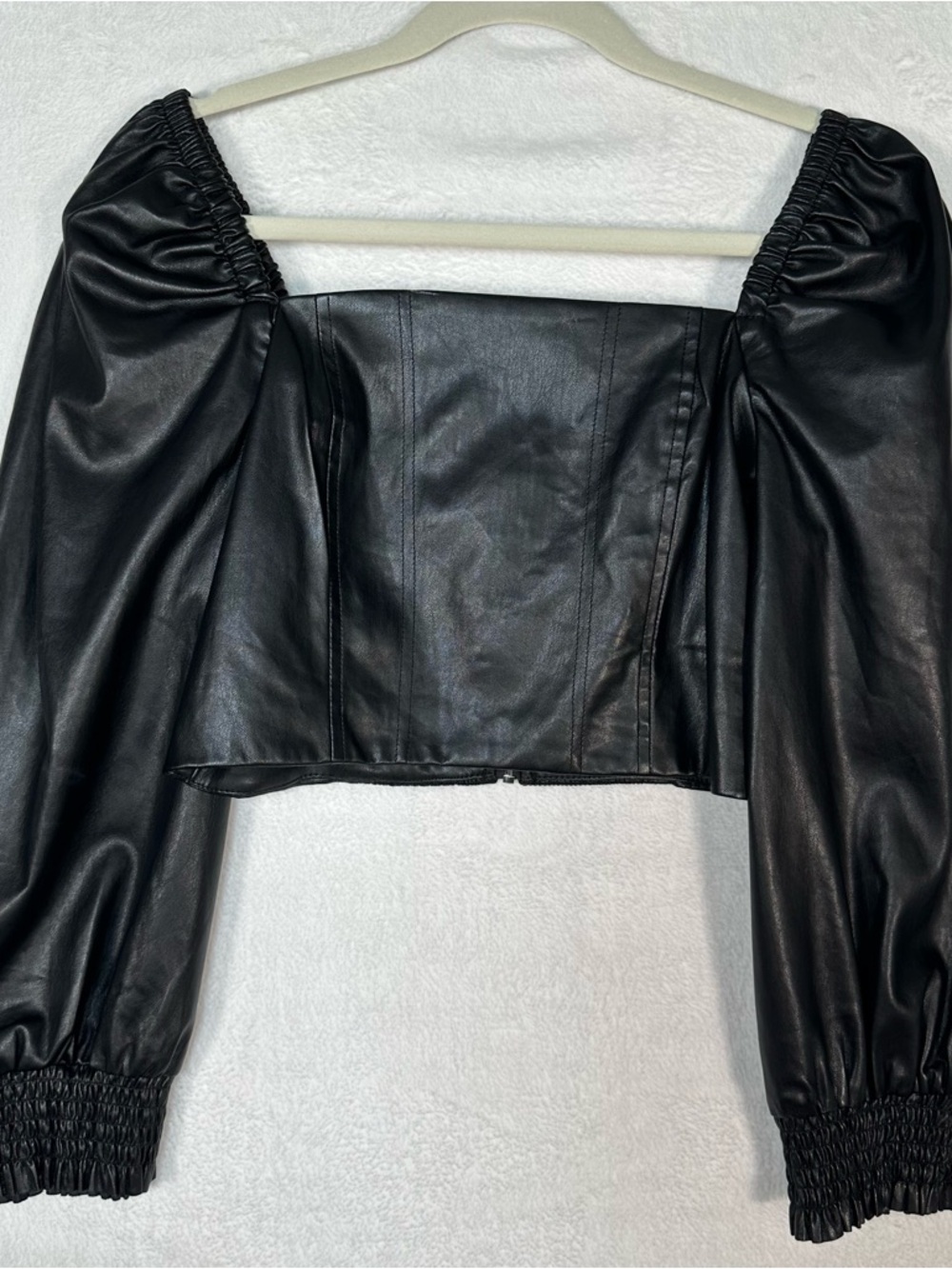 7 For All Mankind Faux Leather Top S Romantic Goth Edgy Puff Sleeve Blouse - Picture 1 of 8